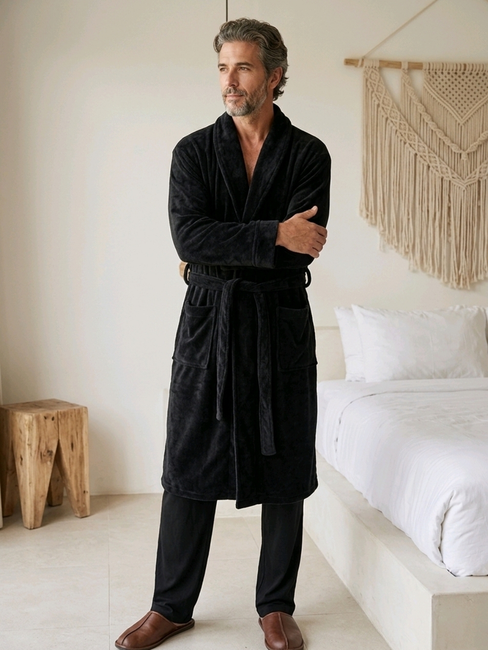 Croft & Barrow Men's S/M Black Plush Robe Shawl Collar Bathrobe Loungewear Luxe